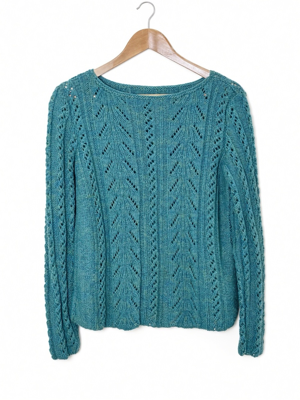 Handmade Pointelle Knit Sweater Teal Wool Blend Boat Neck M